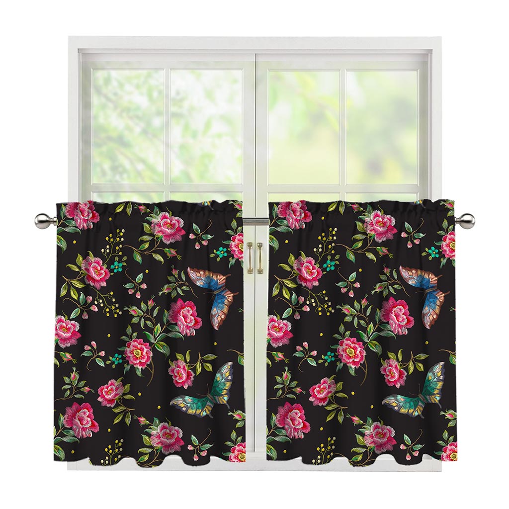 Butterfly And Flower Pattern Print Tier Curtains