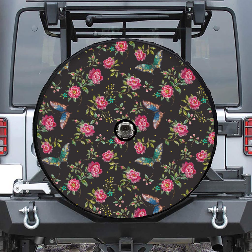 Butterfly And Flower Pattern Print Tire Cover With Camera Hole