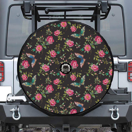 Butterfly And Flower Pattern Print Tire Cover With Camera Hole