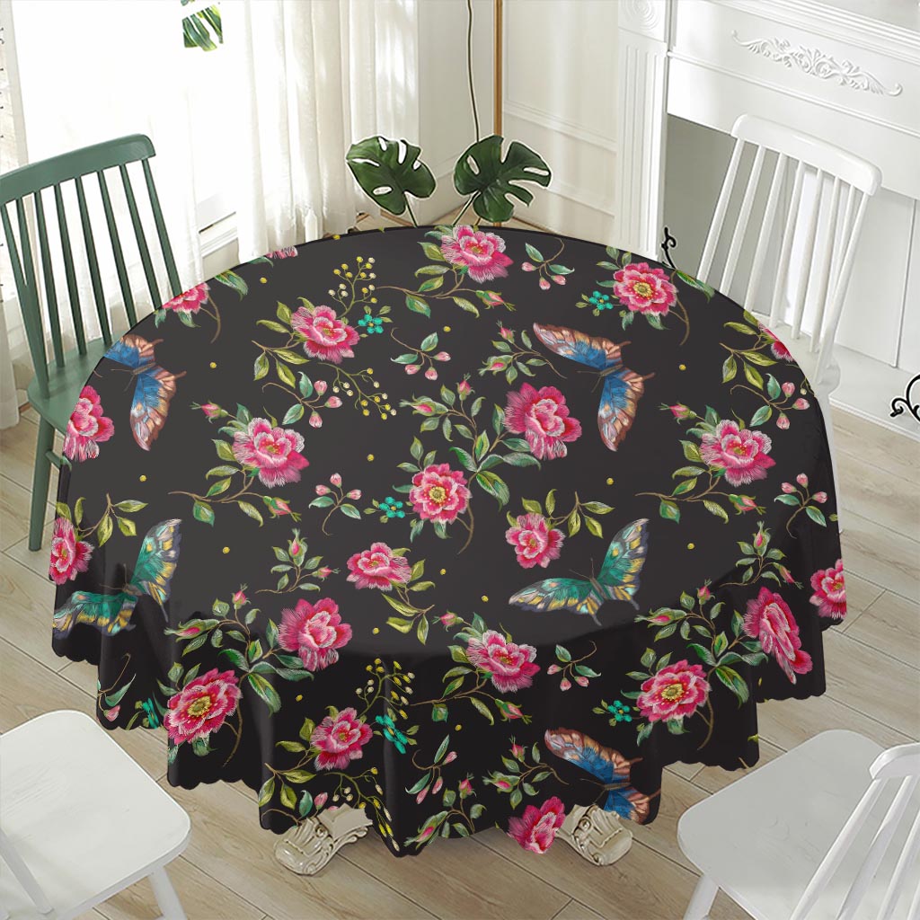 Butterfly And Flower Pattern Print Waterproof Round Tablecloth