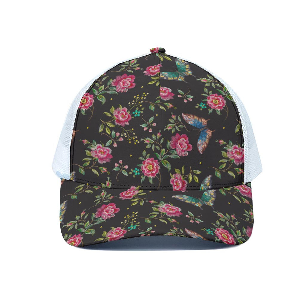 Butterfly And Flower Pattern Print White Mesh Trucker Cap