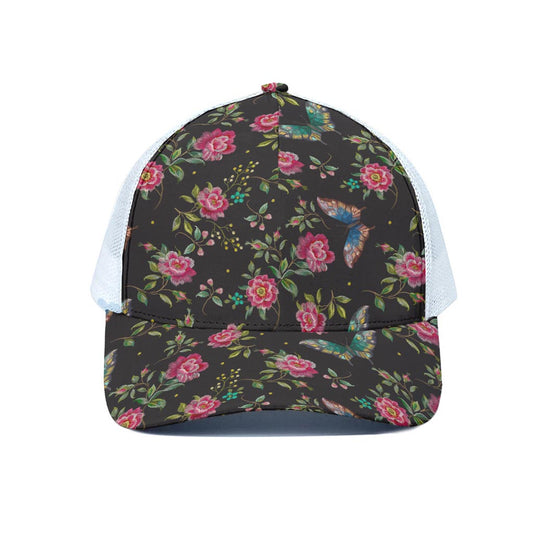 Butterfly And Flower Pattern Print White Mesh Trucker Cap