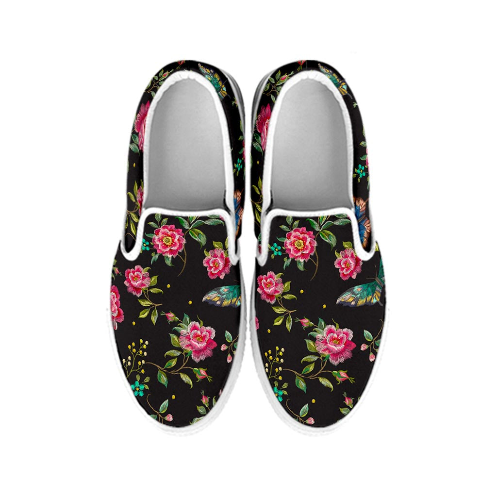 Butterfly And Flower Pattern Print White Slip On Sneakers