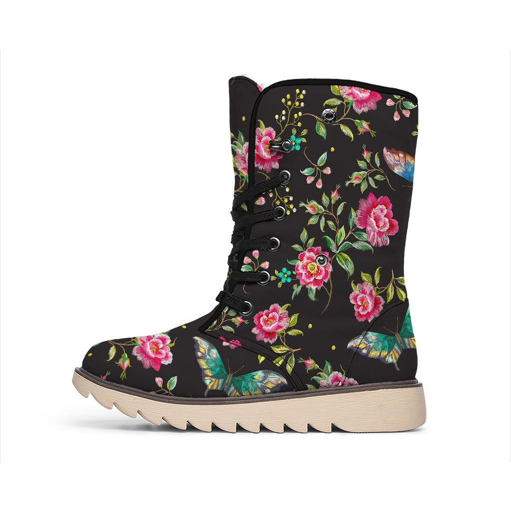 Butterfly And Flower Pattern Print Winter Boots