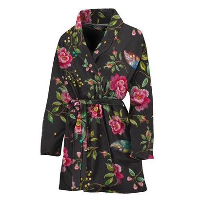 Butterfly And Flower Pattern Print Women's Bathrobe