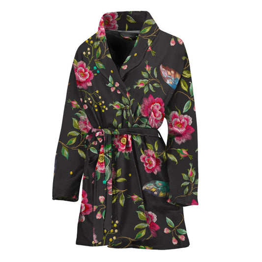 Butterfly And Flower Pattern Print Women's Bathrobe