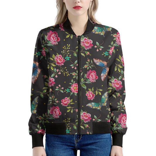 Butterfly And Flower Pattern Print Women's Bomber Jacket