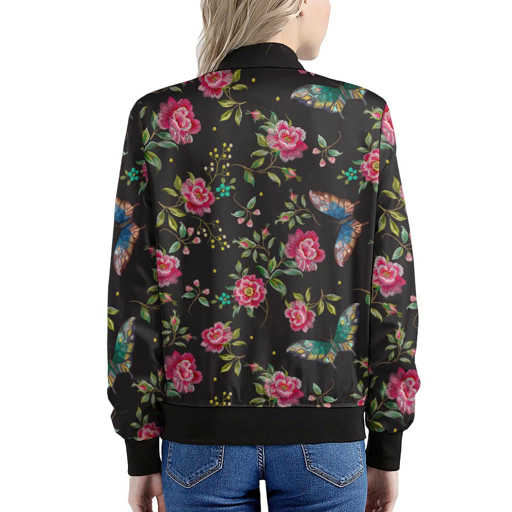 Butterfly And Flower Pattern Print Women's Bomber Jacket