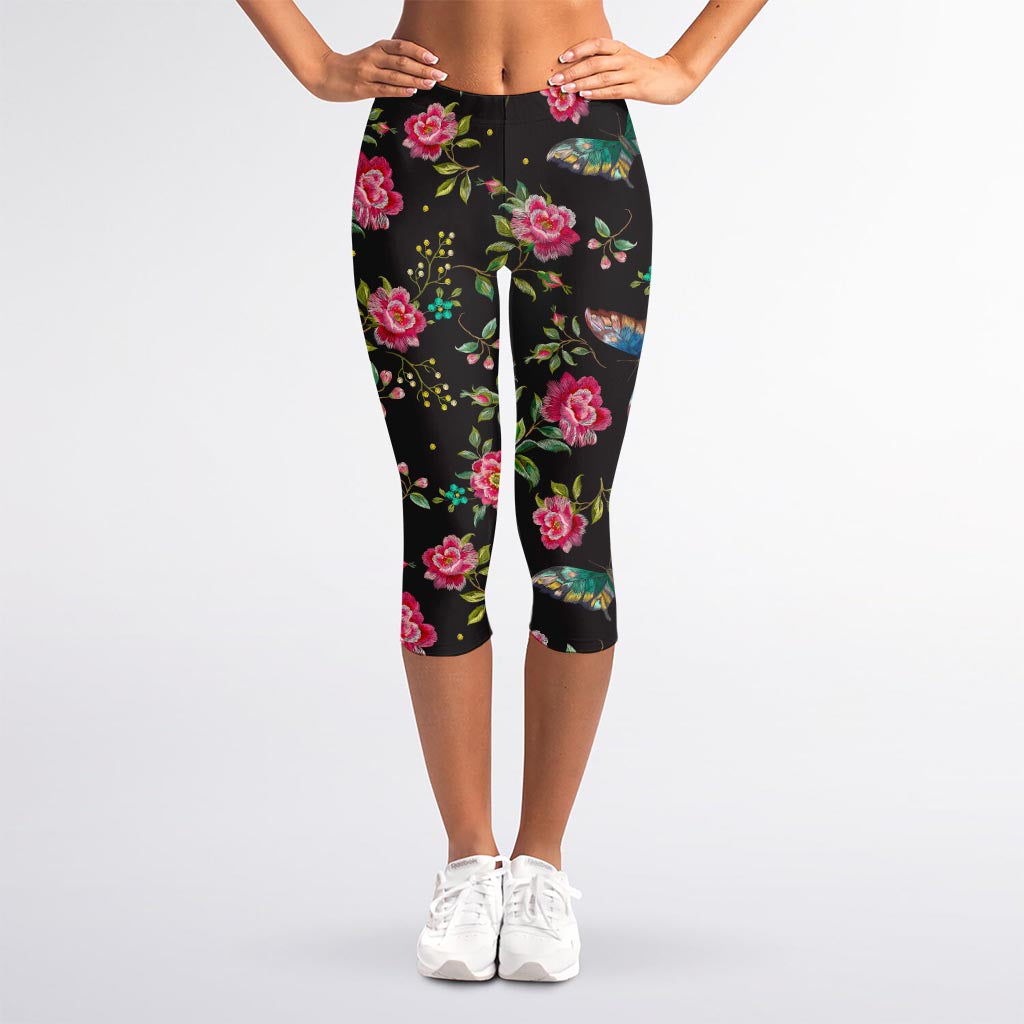 Butterfly And Flower Pattern Print Women's Capri Leggings