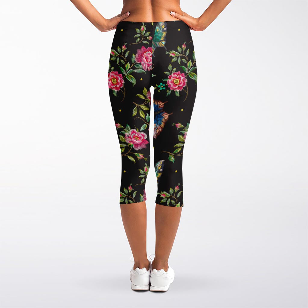 Butterfly And Flower Pattern Print Women's Capri Leggings