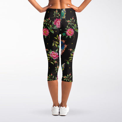 Butterfly And Flower Pattern Print Women's Capri Leggings