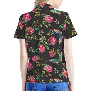 Butterfly And Flower Pattern Print Women's Polo Shirt