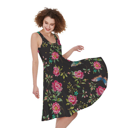 Butterfly And Flower Pattern Print Women's Sleeveless Dress