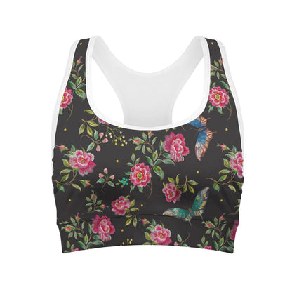 Butterfly And Flower Pattern Print Women's Sports Bra