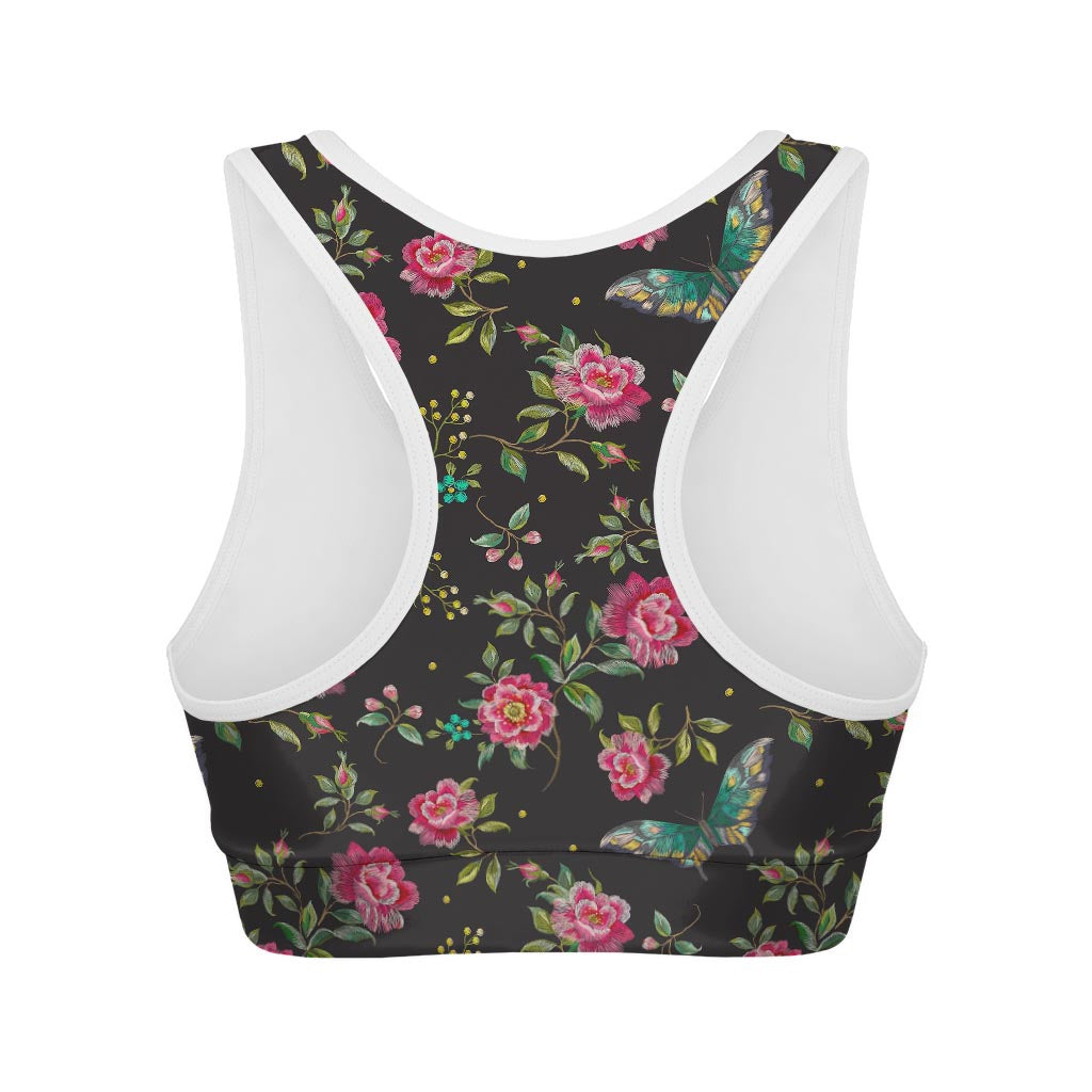 Butterfly And Flower Pattern Print Women's Sports Bra