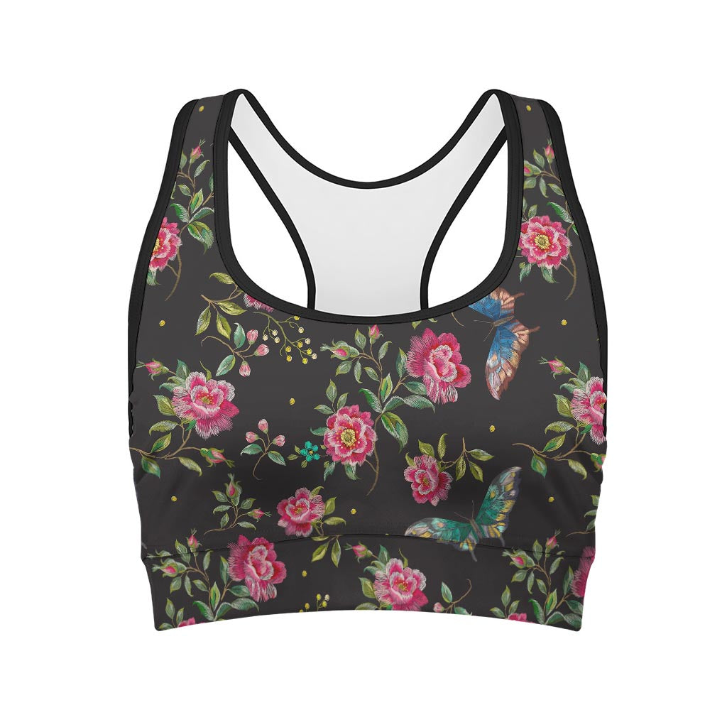 Butterfly And Flower Pattern Print Women's Sports Bra