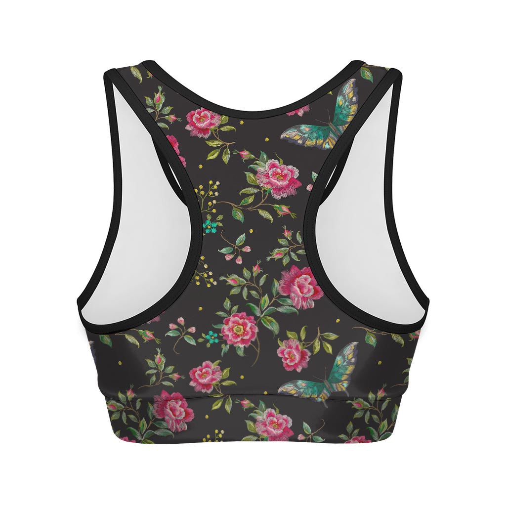 Butterfly And Flower Pattern Print Women's Sports Bra