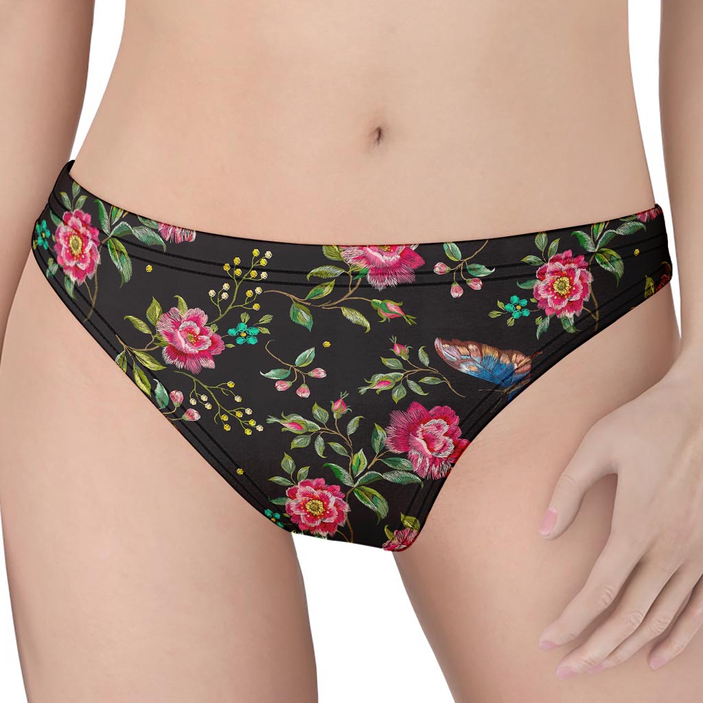 Butterfly And Flower Pattern Print Women's Thong