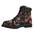 Butterfly And Flower Pattern Print Padded Collar Lace Up Boots