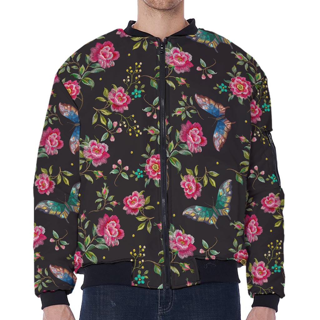 Butterfly And Flower Pattern Print Zip Sleeve Bomber Jacket