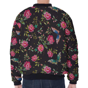 Butterfly And Flower Pattern Print Zip Sleeve Bomber Jacket