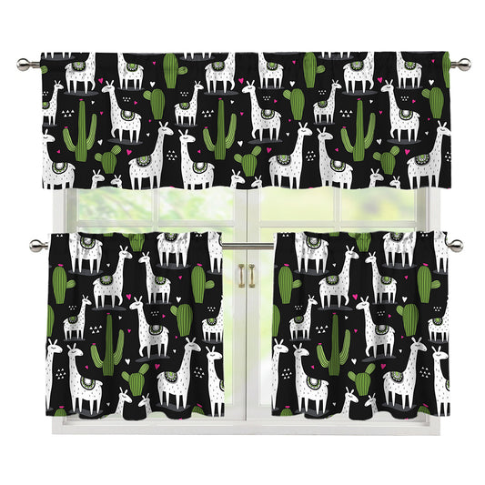 Cactus And Llama Pattern Print 3 Piece Kitchen Curtains