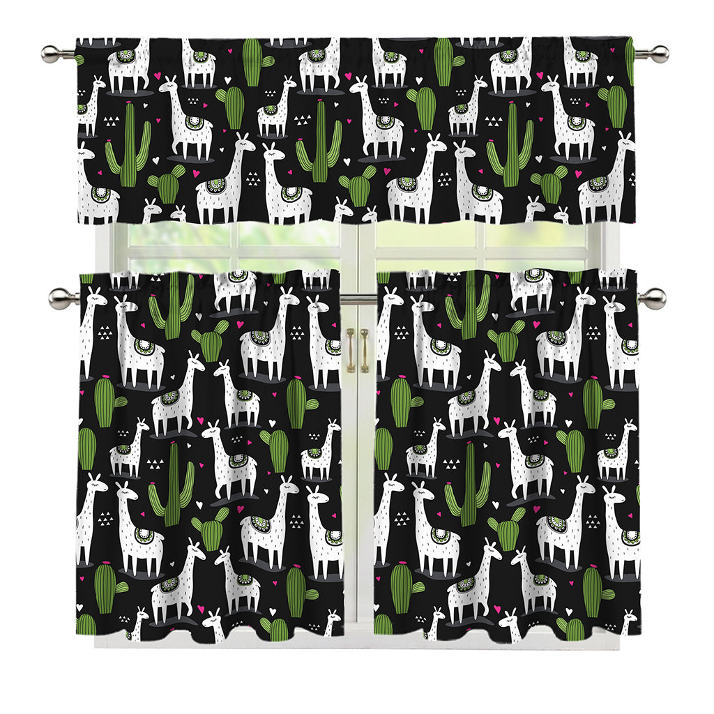 Cactus And Llama Pattern Print 3 Piece Kitchen Curtains