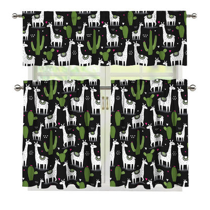 Cactus And Llama Pattern Print 3 Piece Kitchen Curtains
