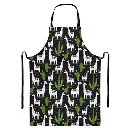 Cactus And Llama Pattern Print Bib Apron With Pocket