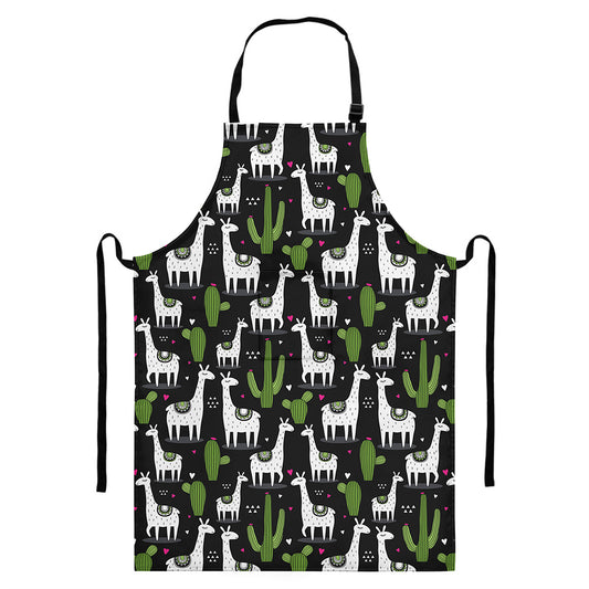 Cactus And Llama Pattern Print Bib Apron With Pocket