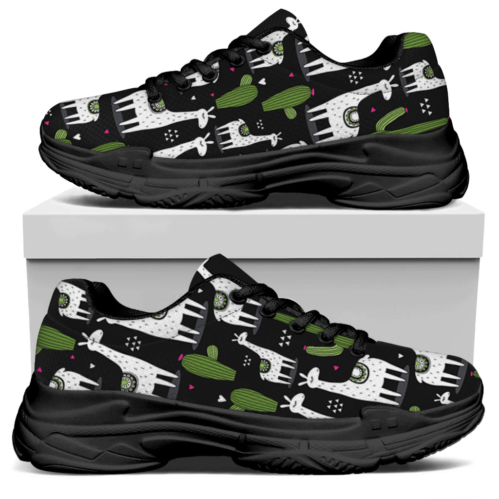 Cactus And Llama Pattern Print Black Chunky Shoes