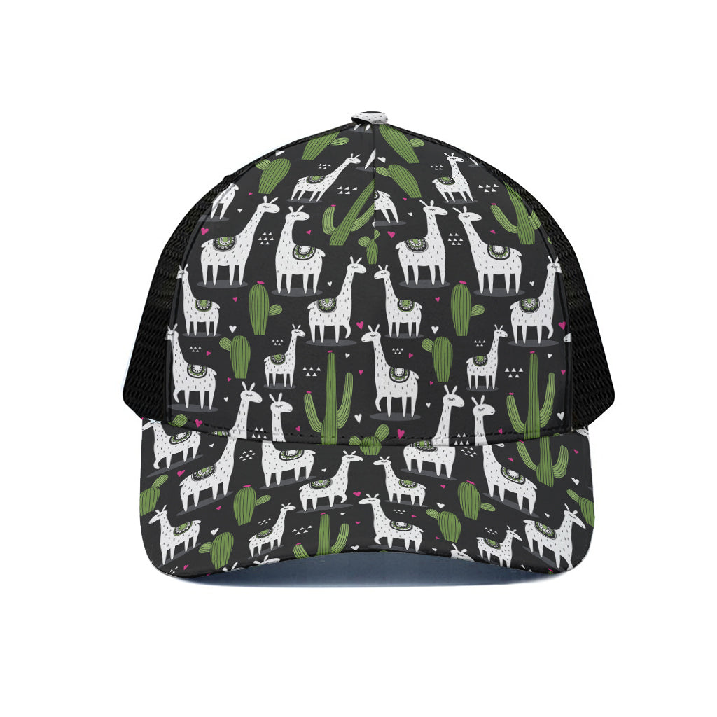 Cactus And Llama Pattern Print Black Mesh Trucker Cap