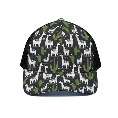 Cactus And Llama Pattern Print Black Mesh Trucker Cap