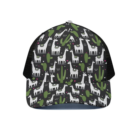 Cactus And Llama Pattern Print Black Mesh Trucker Cap