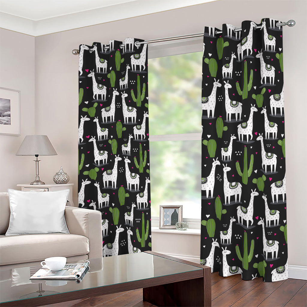 Cactus And Llama Pattern Print Blackout Grommet Curtains