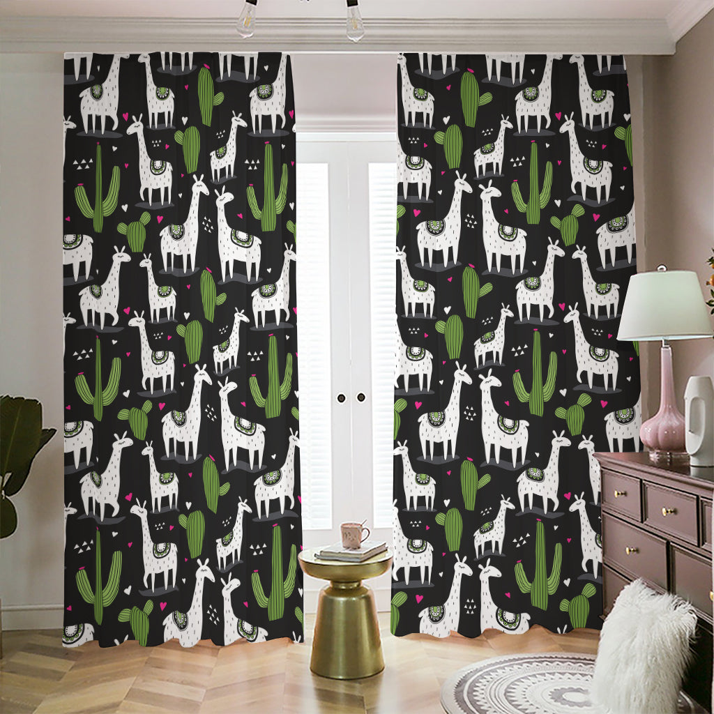 Cactus And Llama Pattern Print Blackout Pencil Pleat Curtains