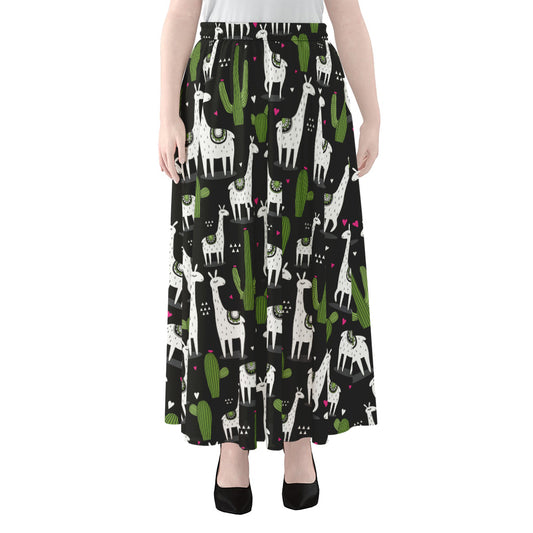 Cactus And Llama Pattern Print Chiffon Maxi Skirt