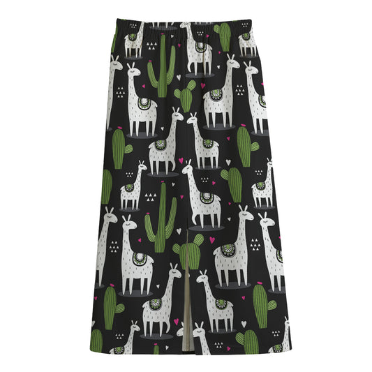 Cactus And Llama Pattern Print Cotton Front Slit Maxi Skirt