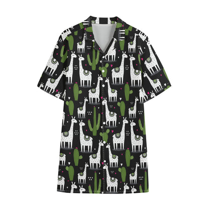 Cactus And Llama Pattern Print Cotton Hawaiian Shirt