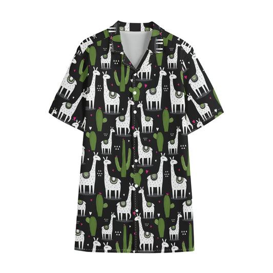 Cactus And Llama Pattern Print Cotton Hawaiian Shirt