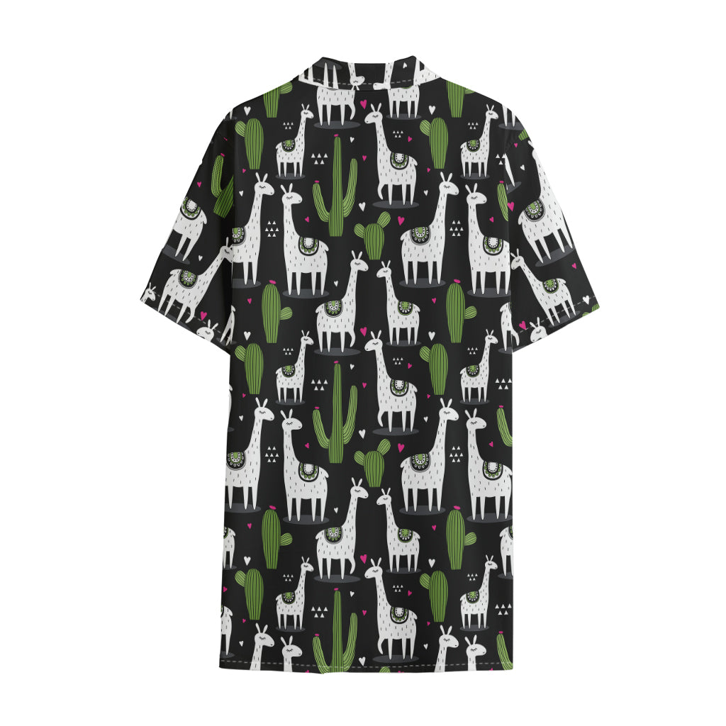 Cactus And Llama Pattern Print Cotton Hawaiian Shirt