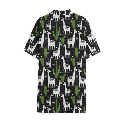 Cactus And Llama Pattern Print Cotton Hawaiian Shirt