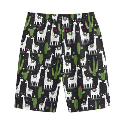 Cactus And Llama Pattern Print Cotton Shorts