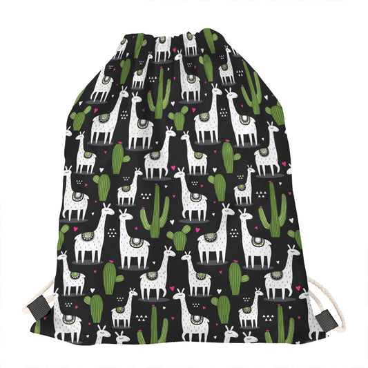Cactus And Llama Pattern Print Drawstring Bag