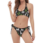 Cactus And Llama Pattern Print Halter Scoop Tie Side Bikini
