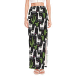 Cactus And Llama Pattern Print High Slit Maxi Skirt