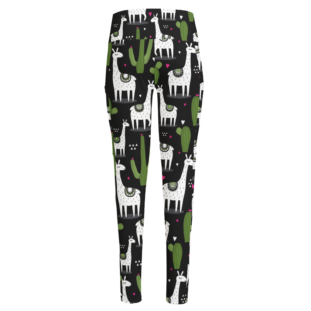 Cactus And Llama Pattern Print High-Waisted Pocket Leggings