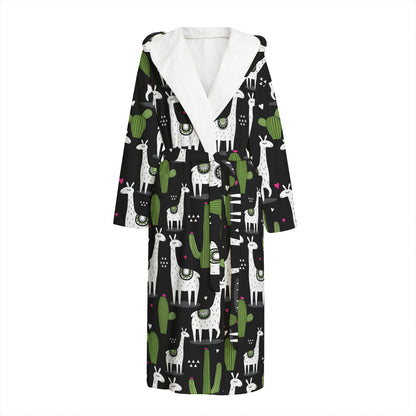 Cactus And Llama Pattern Print Hooded Bathrobe
