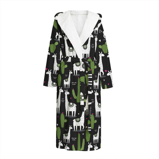 Cactus And Llama Pattern Print Hooded Bathrobe