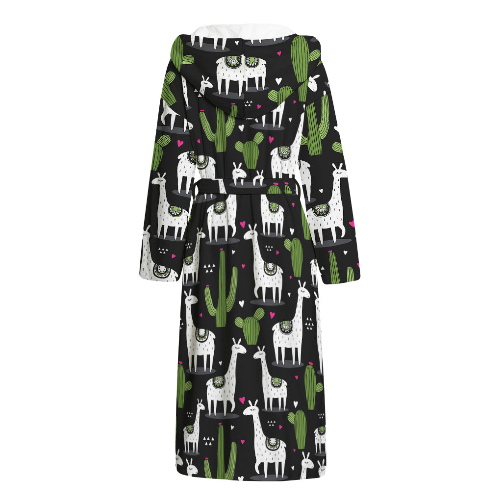 Cactus And Llama Pattern Print Hooded Bathrobe